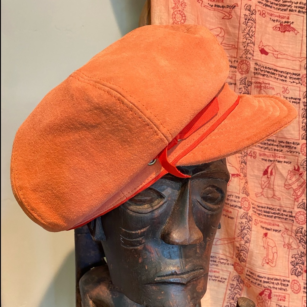 Bebe burnt orange leather newsboy hat with orange ribbon trim